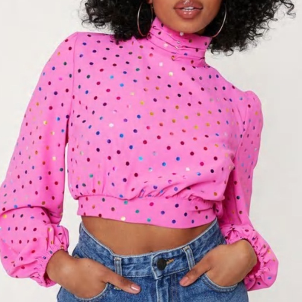 Nasty Gal Pink Multicolored Polka Dot Long Sleeve Crop Top
